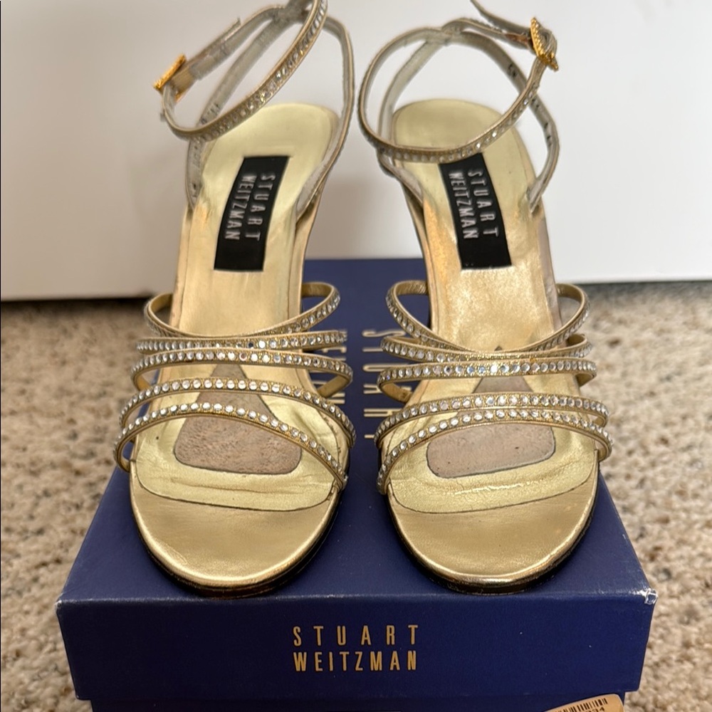 Stuart Weitzman Metallic Gold Saltino Rhinestone Strappy Heels